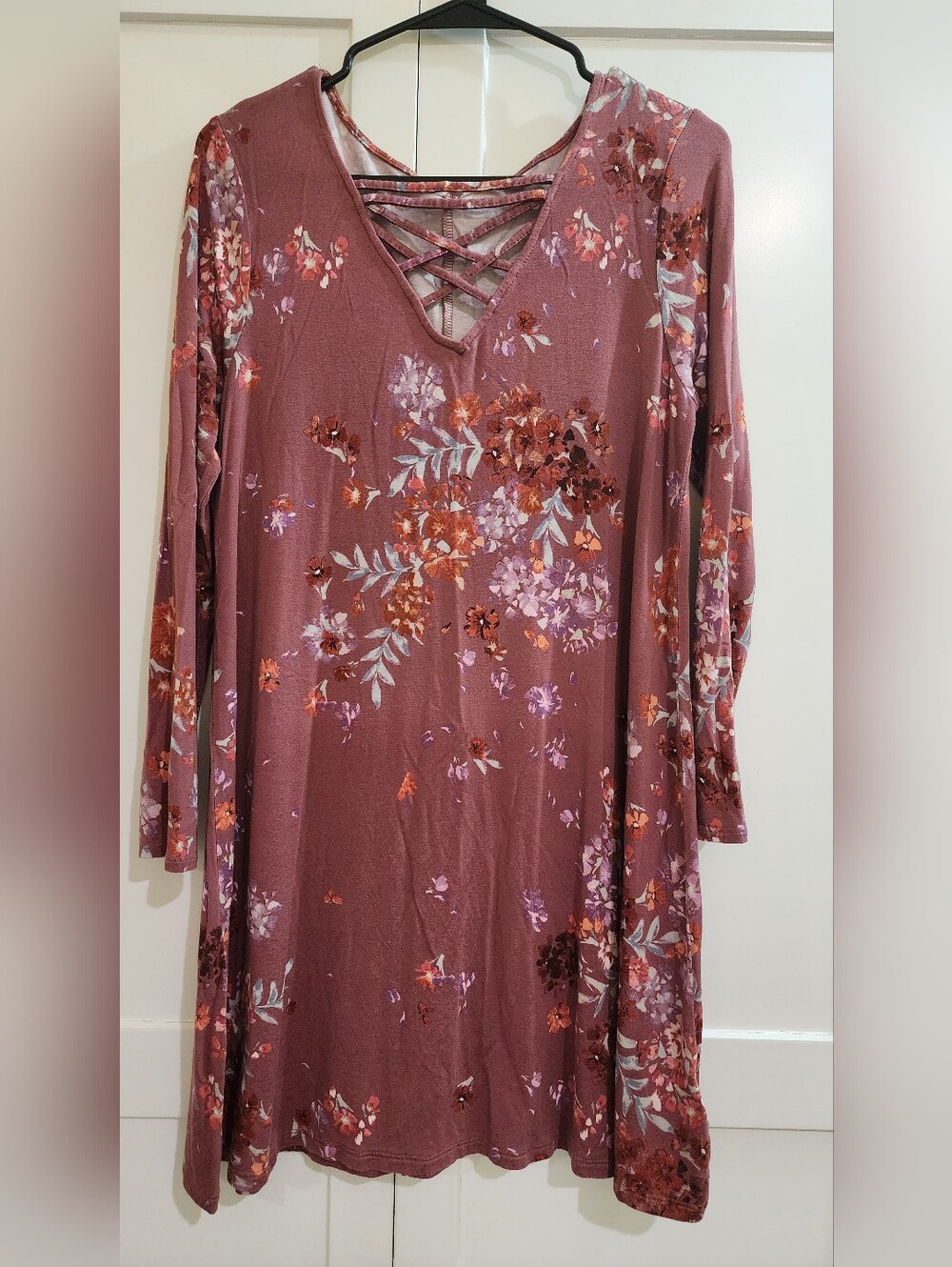 Maurices Mauve Floral Long Sleeve Crisscross V-Neck Dress